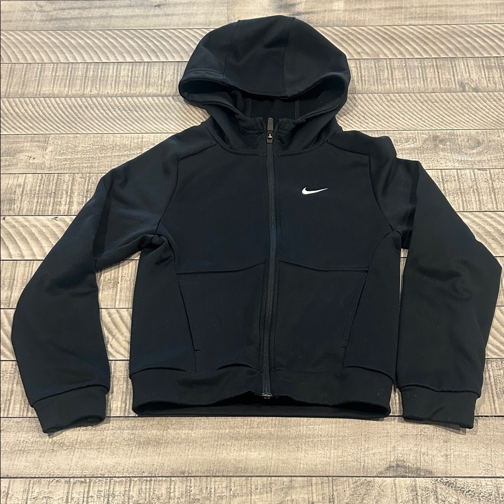 Nike Black Kids Full-Zip Hooded Sweatshirt with White Swoosh